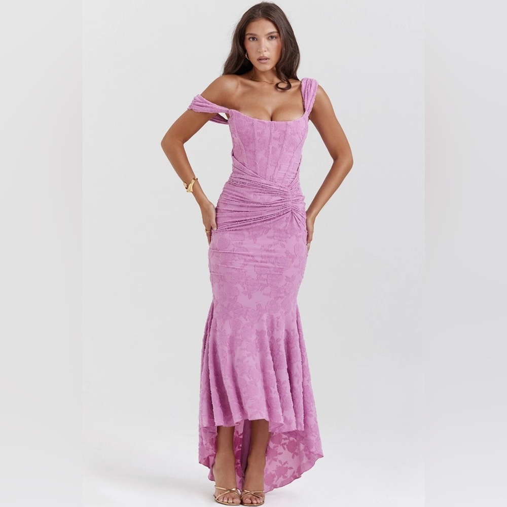 House of CB “Cesca Pink Ruched Off-Shoulder Gown
